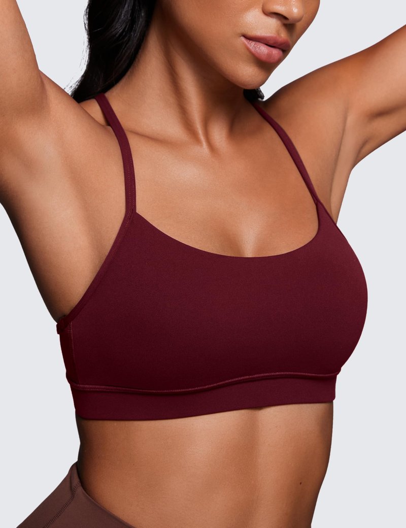 CRZ YOGA Butterluxe Y Back Sports Bras for Women - Padded Racerback Low Impact Spaghetti Thin Strap Workout Yoga Top Red Merlot Large