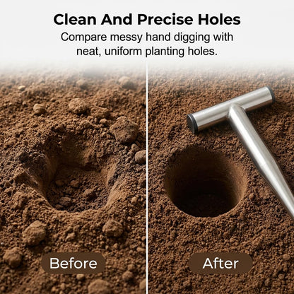VLZLQ Plant Hole Digger for Planting, 2026 New T Wooden Handle, Seed Planter Tool for Plant Labels, for Self Watering Stakes, Hand Held Bulb Planter for Tulip Daffodil Crocus Garden Tool (M Hollow)