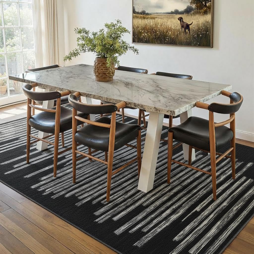 GarveeHome Large Area Rug 9x12 Modern Striped Non Slip Stain Resistant Washable Rug for Living Room Dining Room Bedroom Guest Room Home Office Low Pile Soft Carpet Kids&Pets Friendly, Black