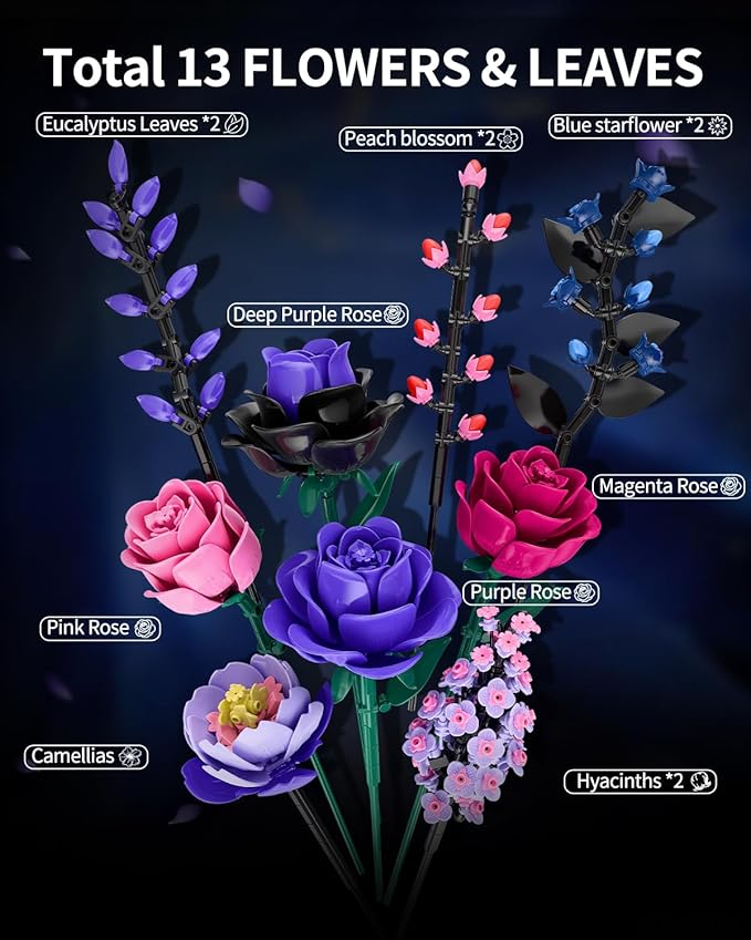 Flowers Bouquet Building Set - Purple Roses Botanical Collection Building Blocks for Adult Women Artificial Flowers Gothic Home Decor Mother's Day Birthday Gift for Adults Kids Girls 6-12 (806PCS)