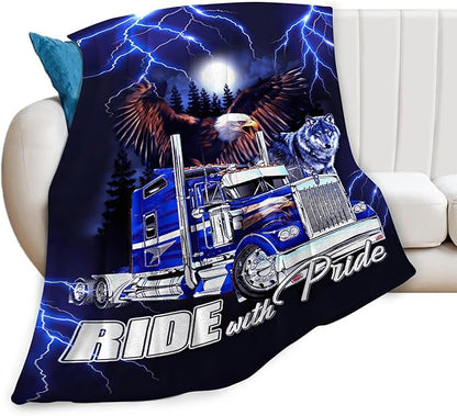Truck Blanket Decor Gifts for Trucker, Truck Flannel Fleece Fuzzy Lorry Throw Blankets, Soft Warm Cozy Plush Eagle Wolf Blanket for Bed Couch Living Room Stuff Decoration for Kids Adult 50"x40"