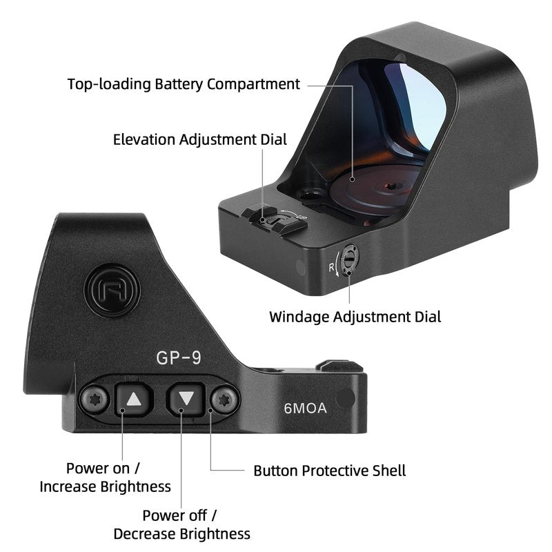 GOWUTAR GP-9 Large Window Red Dot Sight, 6 MOA Reflex Sight for RMR Footprint, Motion Awake, Rugged Aluminum IPX7 Waterproof Competition-Ready Optic