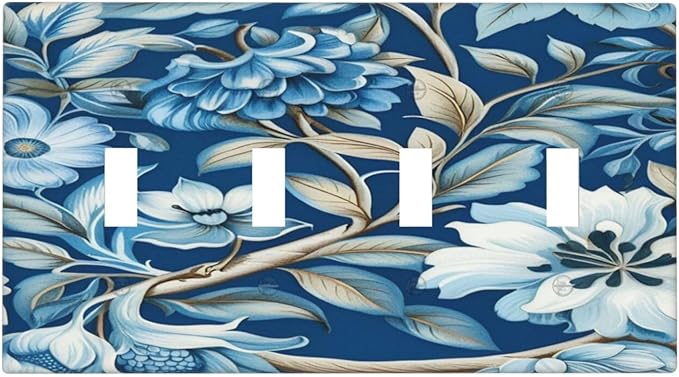 Blue Flowers Branches Leaves Floral Pattern Light Switch Covers Quad Toggle 4 Gang Wall Plate Decorative Switchplate Electrical Faceplate for Farmhouse Bathroom Living Decor