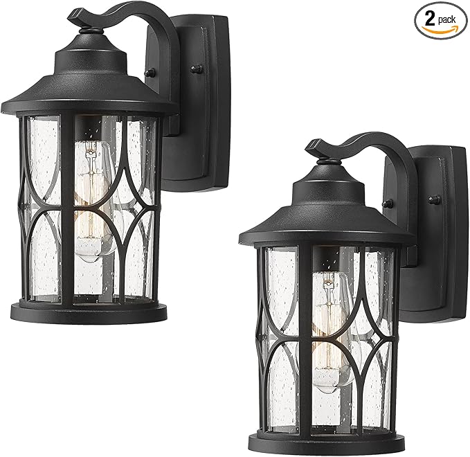 zeyu 2 Pack Outdoor Wall Lights, Exterior Light Fixture for Front Porch House, Die-Cast Aluminum with Seeded Glass, Black Finish, ZX48B-2PK BK