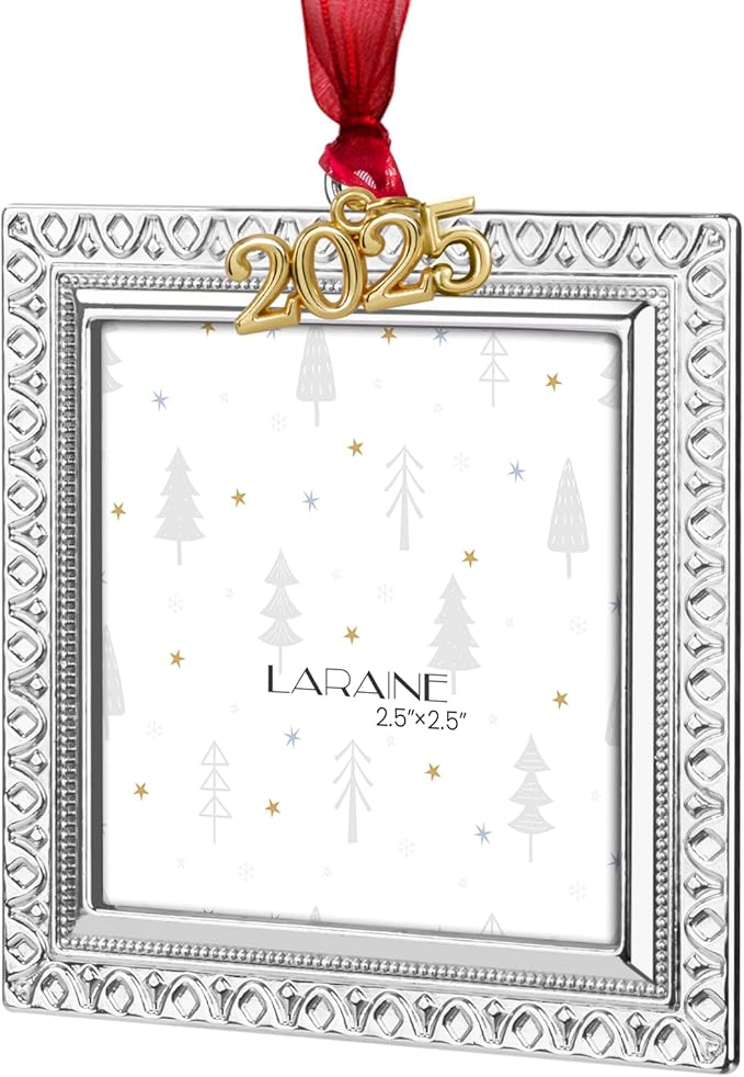 Laraine Christmas Tree Ornaments – Decorative Hanging 2025 Holiday Keepsake Gift Pendant with 2.5” Photo Frame Insert for Picture of Pet (Square Silver (2025))