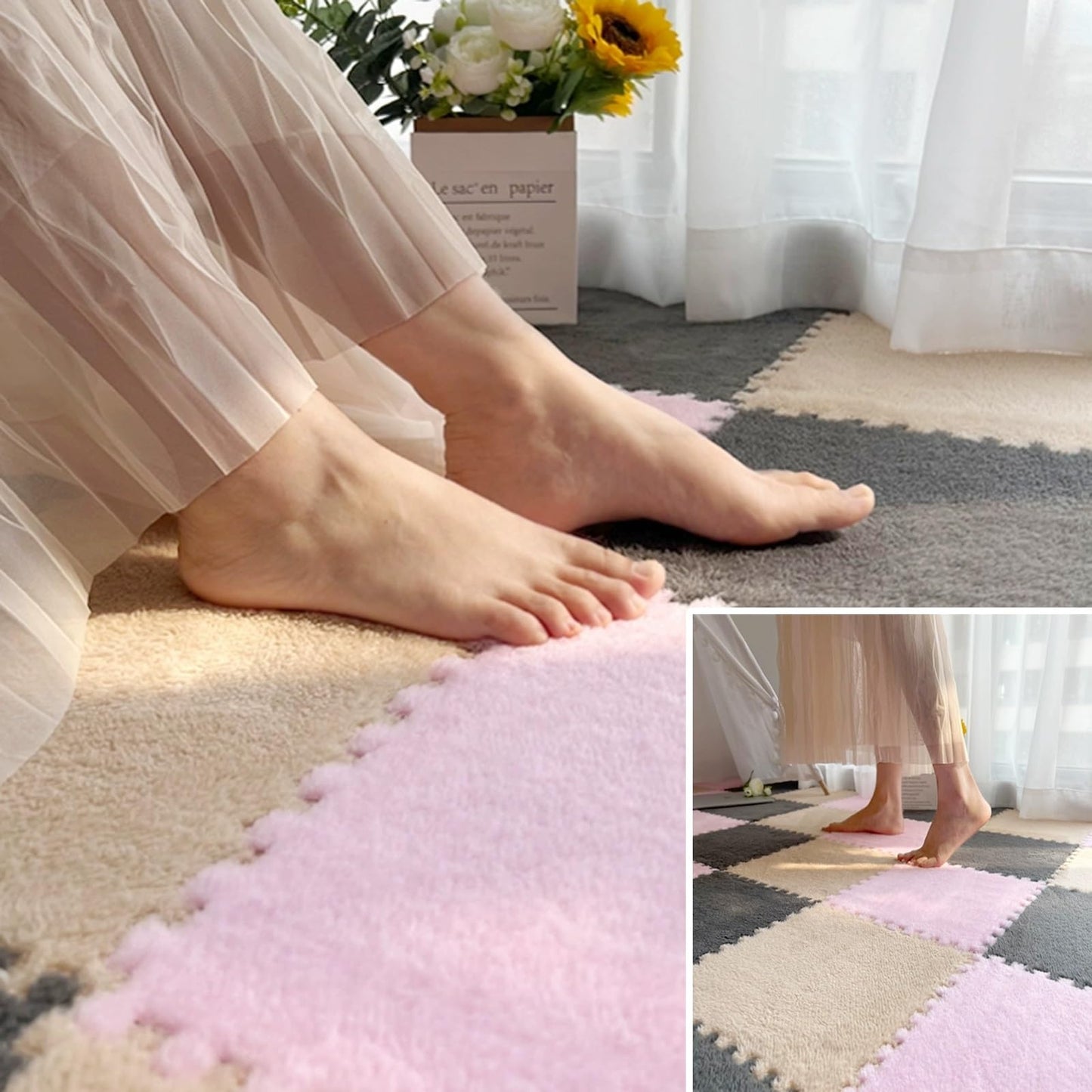 Washable EVA Foam Parlor Soft Bedroom Carpet, Sound Insulation Home Interlocking Floor Mat, Shaggy Thick Fluffy Area Rugs Mat, Can Be Cropped,protect Floor, 12 Pieces (1 Piece 30*30cm). ( Color : Styl
