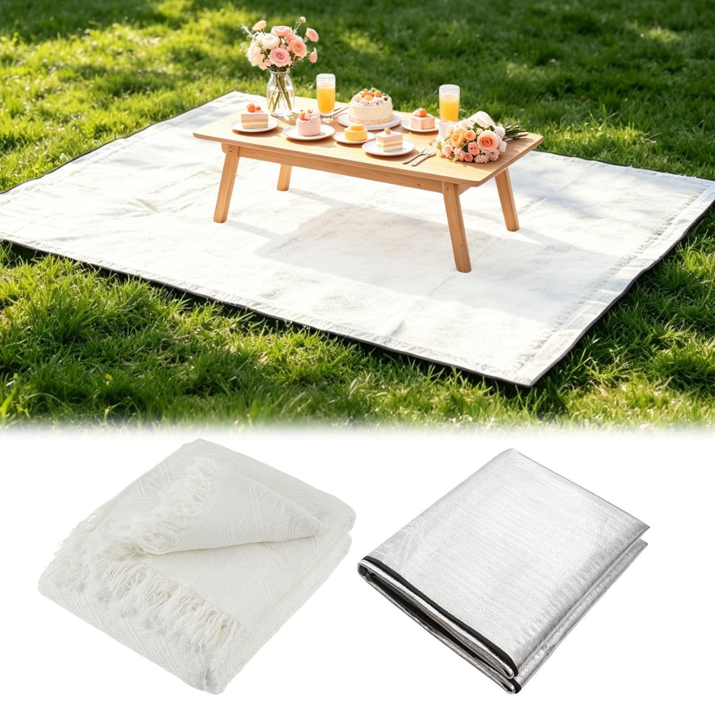 91x71 In Extra Large Outdoor Picnic Blanket with 94x79 In Waterproof Mat, Oversize Woven Cotton Yarn Beach Blanket with Fringe, Machine Washable Portable for Spring Summer Camping Beach Park (White)