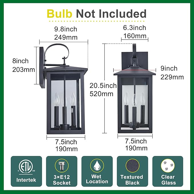 3-Light 9 inches Wide 20.5 inches High Large Wall Lantern Light with Textured Black Finish and Clear Glass New Traditional Outdoor Wall Lights for a Porch, Patio, Garage, Barn, Foyer