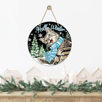 Deroro Hello Winter Cat Black Front Door Sign, Kitty Kitten Pine Tree Snowflakes Wood Door Hanger Outdoor Outside Porch Decor, Christmas Holiday Seasonal Wooden Wreath Indoor Wall Hanging Decoration