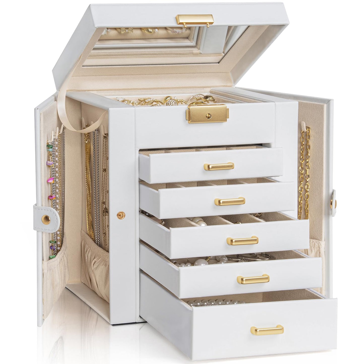 AKOZLIN 6-Tier Jewelry Box Lockable Leather Jewelry Storage Case with 5 Drawers for Women Girls Ring Necklace Earring Bracelet Holder Organizer with Mirror