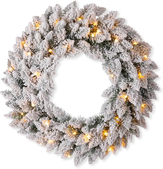 Glitzhome 24" D Pre-Lit Snow Flocked Christmas Wreath with Warm White LED Lights and Timer Artificial Decoration Wreath for Front Door Wall Window Indoor Outdoor Christmas Decorations