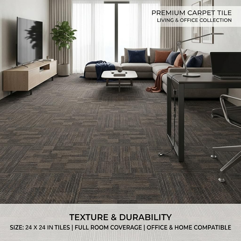 SHNOSU Carpet Floor Tiles 24” x 24” Commercial Carpet Squares 18 Pcs Non-Slip Office Soft Tiles DIY Installation for Living Room Bedroom Study Hotel, Brown