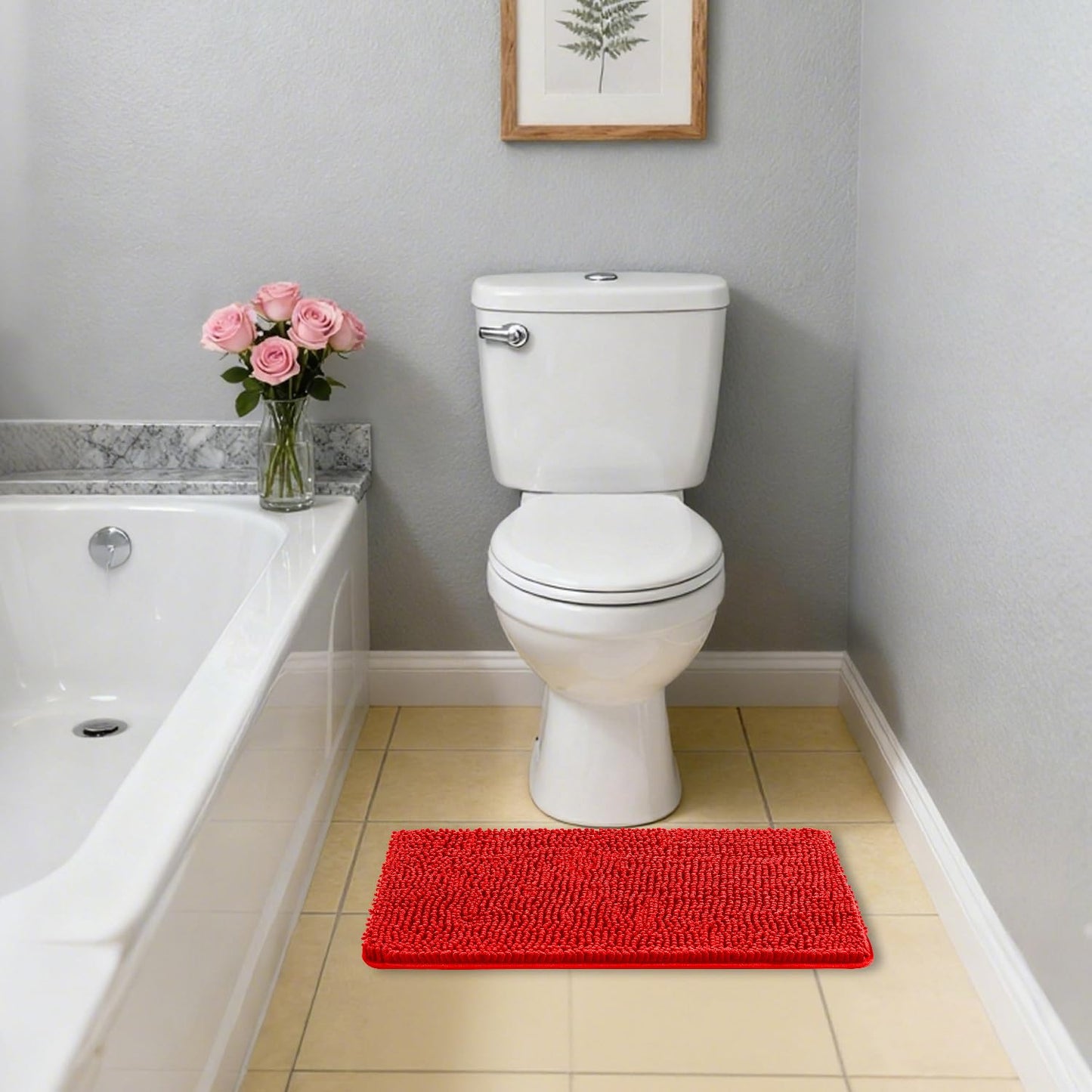 Kildoss Red Bathroom Rugs 17"x24" - Plush Chenille Non-Slip Bath Mat - Absorbent, Washable, Soft and Thick Decor for Shower, Sink, Kitchen, Tub, Home Accessories