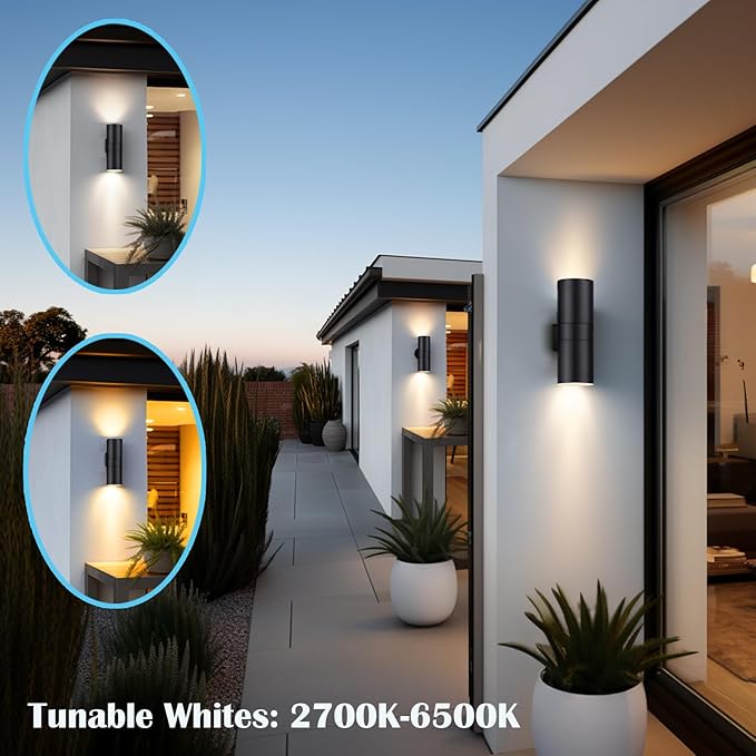 Exterior Double Up Down Outdoor Wall Lights, Mi.Light Remote Control RGB Color Changing 1200lm Warm White 3000k RGB+CCT Cylinder Outdoor Wall Light, Smart LED Exterior Lighting (4 Pack)
