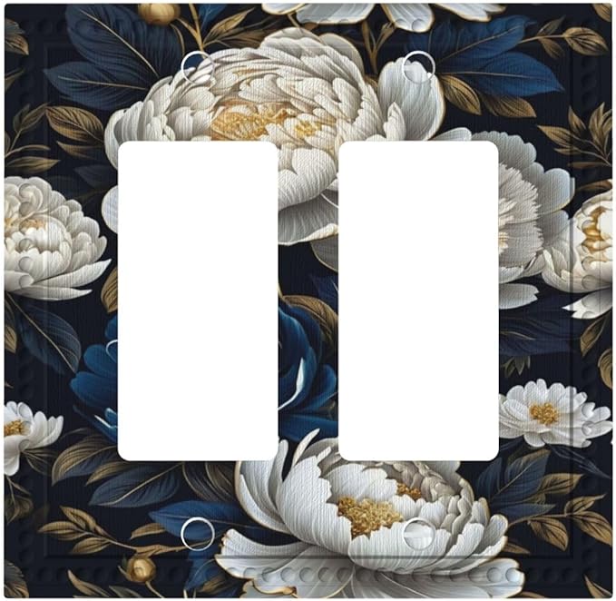 White Gold Blue Flower Dual Outlet Covers Wall Plate 2 Gang Rocker Decora Decorative Switchplate Electrical Faceplate GFCI Light Switch Covers for Farmhouse Living Decor