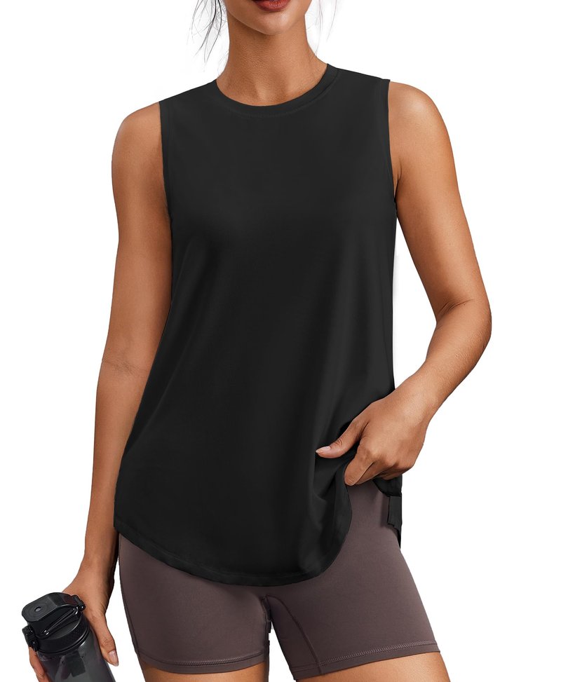 PINSPARK Womens Workout Tank Tops Sun Protection Athletic Tennis Top Crew Neck Running Tops Sleeveless Yoga Muscle Tank Hip Length Gym Shirts Loose Fit, Black Medium