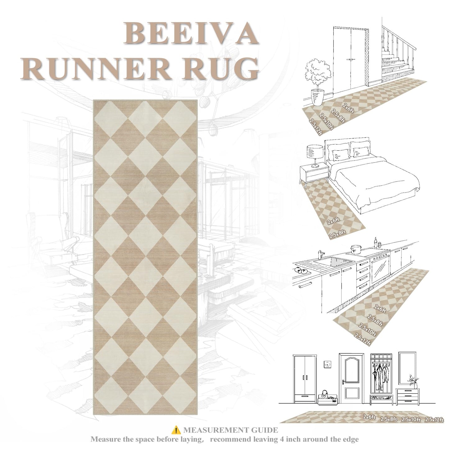Beeiva Checkered Print Carpet Runners for Hallway 12ft, Beige Neutral Washable Long Hallway Runner Rug 2.5x12, Moroccan Gingham Diamond Carpet Ultra Thin Faux Wool Rug for Kitchen Decor