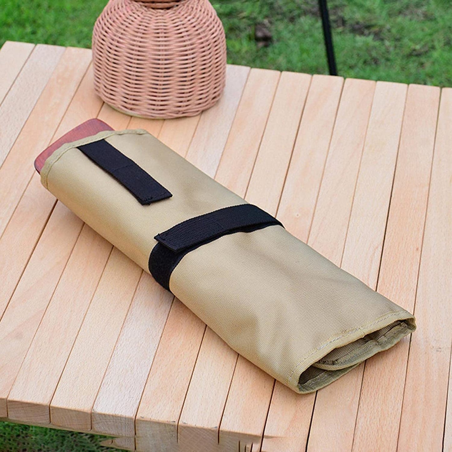PWPAM Camping Tableware Storage Bag Picnic Cutlery Organizer Cooking Utensils Hanging Bag (Square, Khaki)