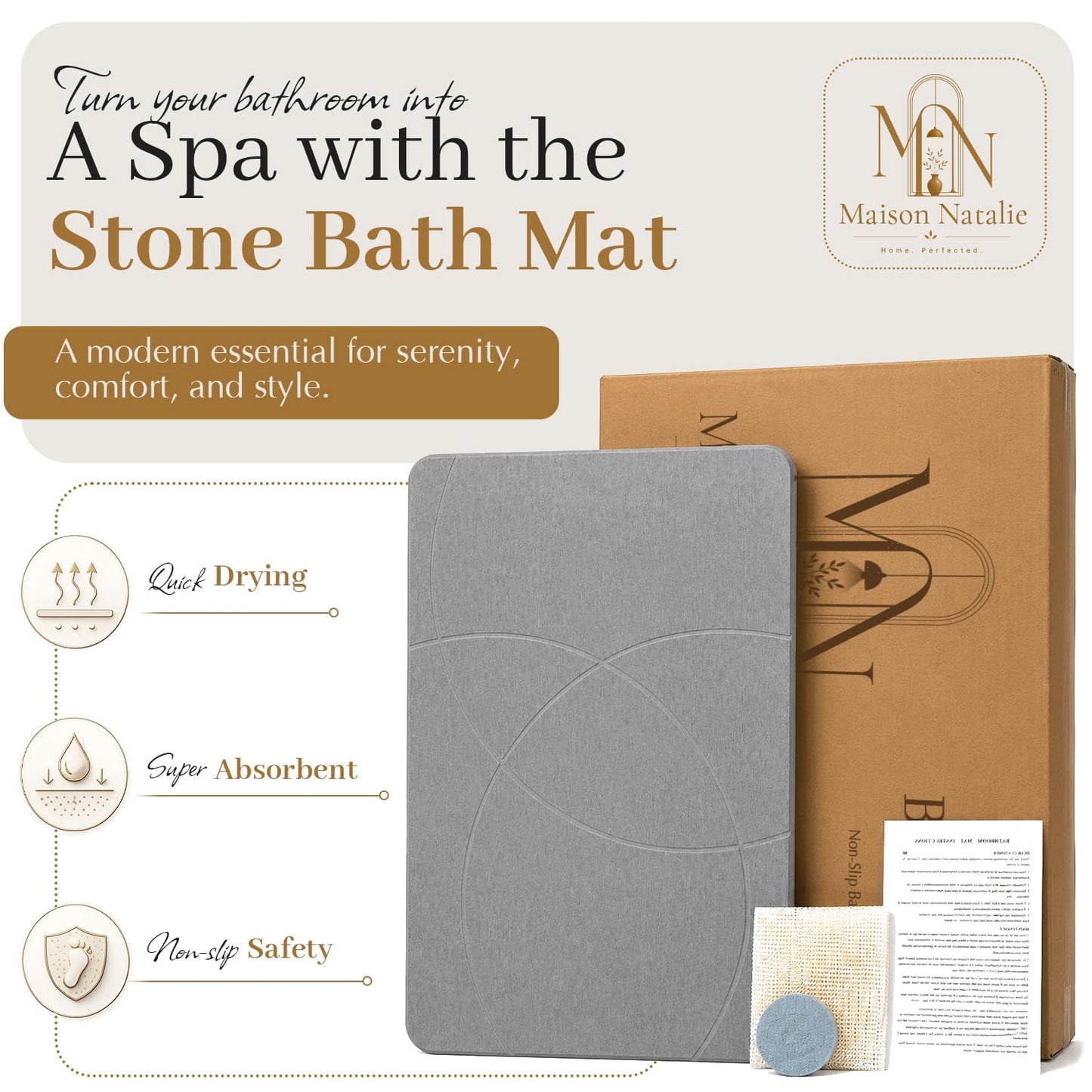 Super Absorbent Stone Bath Mat 24x16, Diatomaceous Earth Bath Mat with Non Slip Grip, Water Absorbing Stone Surface for Shower, Tub, Sink & Vanity, Gray