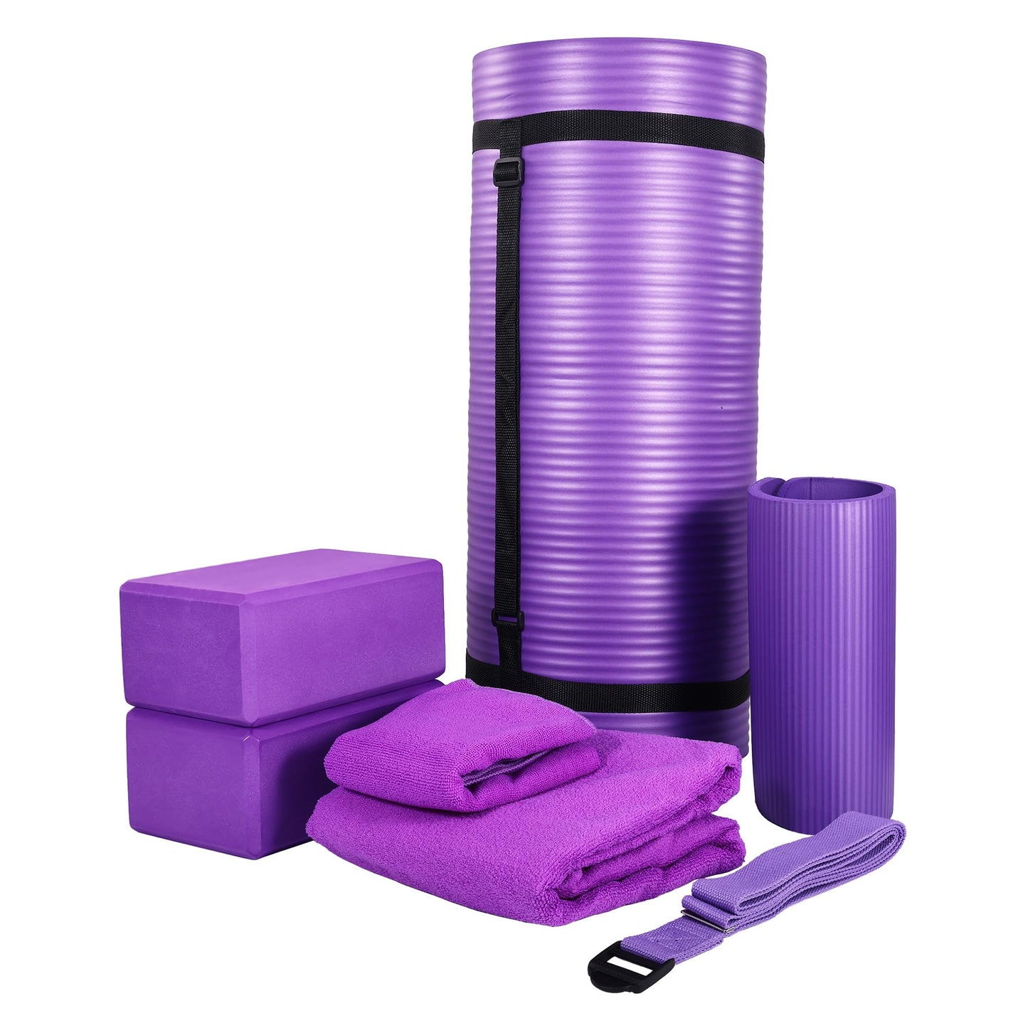 BalanceFrom 7-Piece Yoga Set with 71x24x1 Inches Extra Thick Mat and Carrying Sling – Includes 2 Blocks, Stretch Strap, 2 Towels, and Knee Pad for Home, Studio, and Gym Workouts