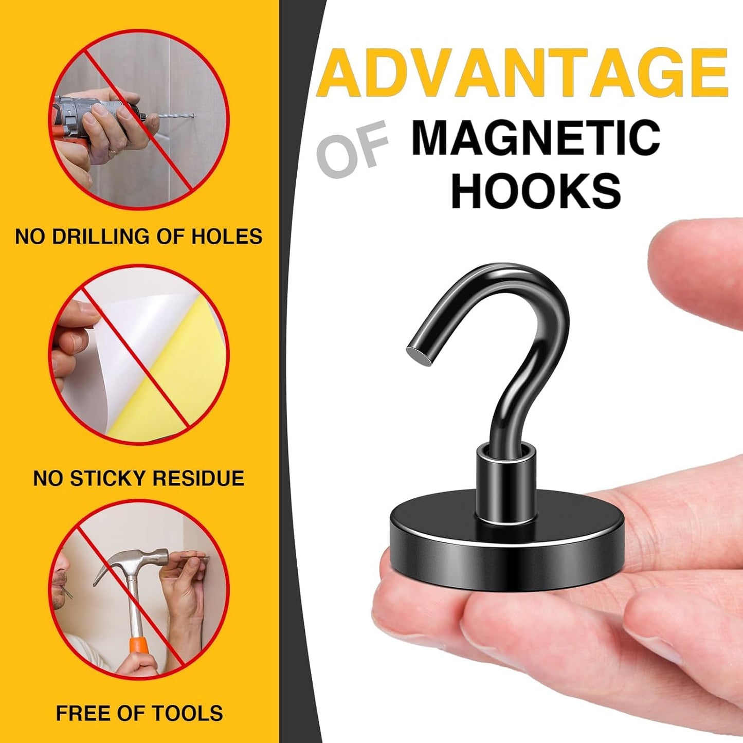 DIYMAG Black Magnetic Hooks, 170 LB Heavy Duty Strong Magnets with Hooks Rare Earth Neodymium Fridge Magnet for Grill Hanging Cruise Cabins Ship Essentials 12 Packs