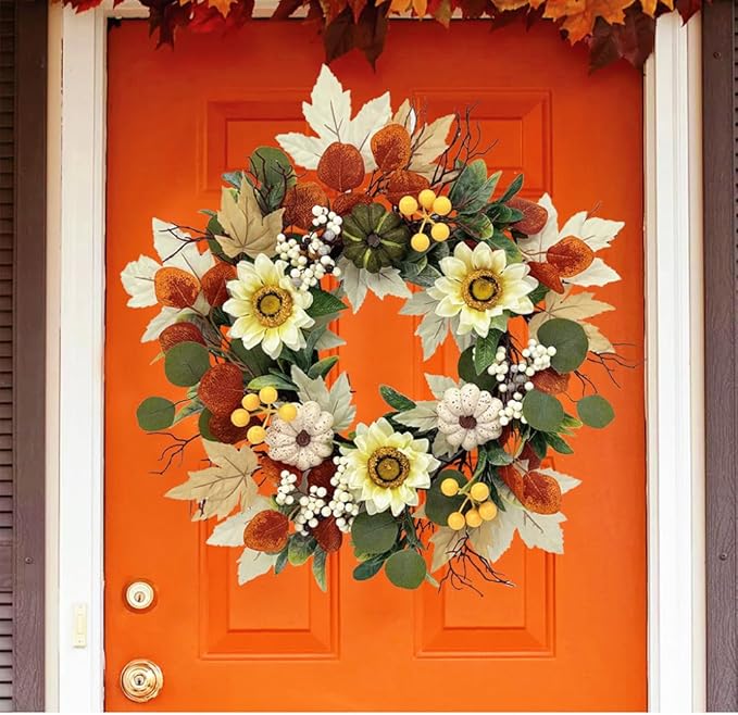 20 Inch Fall Sunflower Wreath for Front Door, Artificial Autumn Wreath with Pumpkins, Berries, White Sunflowers and Silk Leaves for Thanksgiving Farmhouse Home Window Wall Office Indoor Outdoor Decor