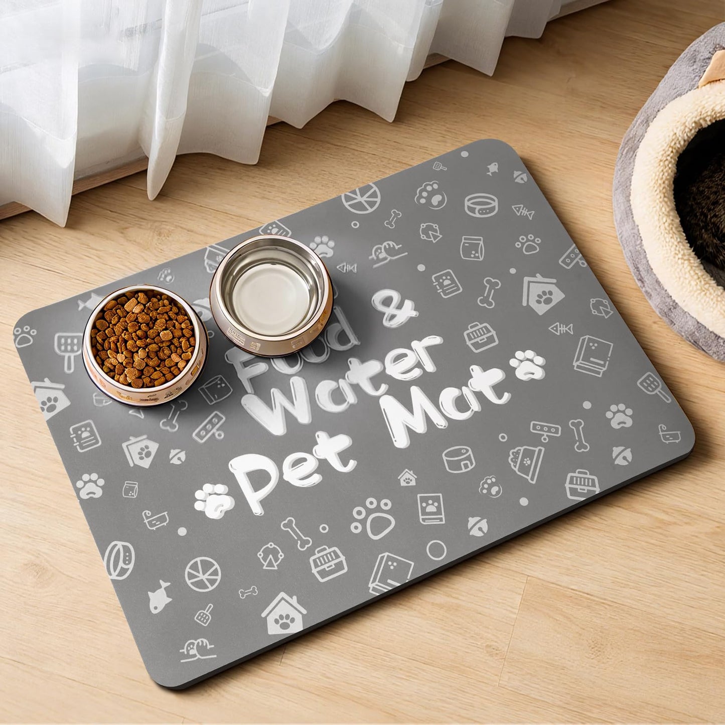 Pet Feeding Mat,Dog Cat Mat for Food and Water,Dog Bowl Waterproof Placemat with Rubber Backing,Absorbent Quick Dry Water Dispenser Mat for Pet（Dark Gray 12"×18"）
