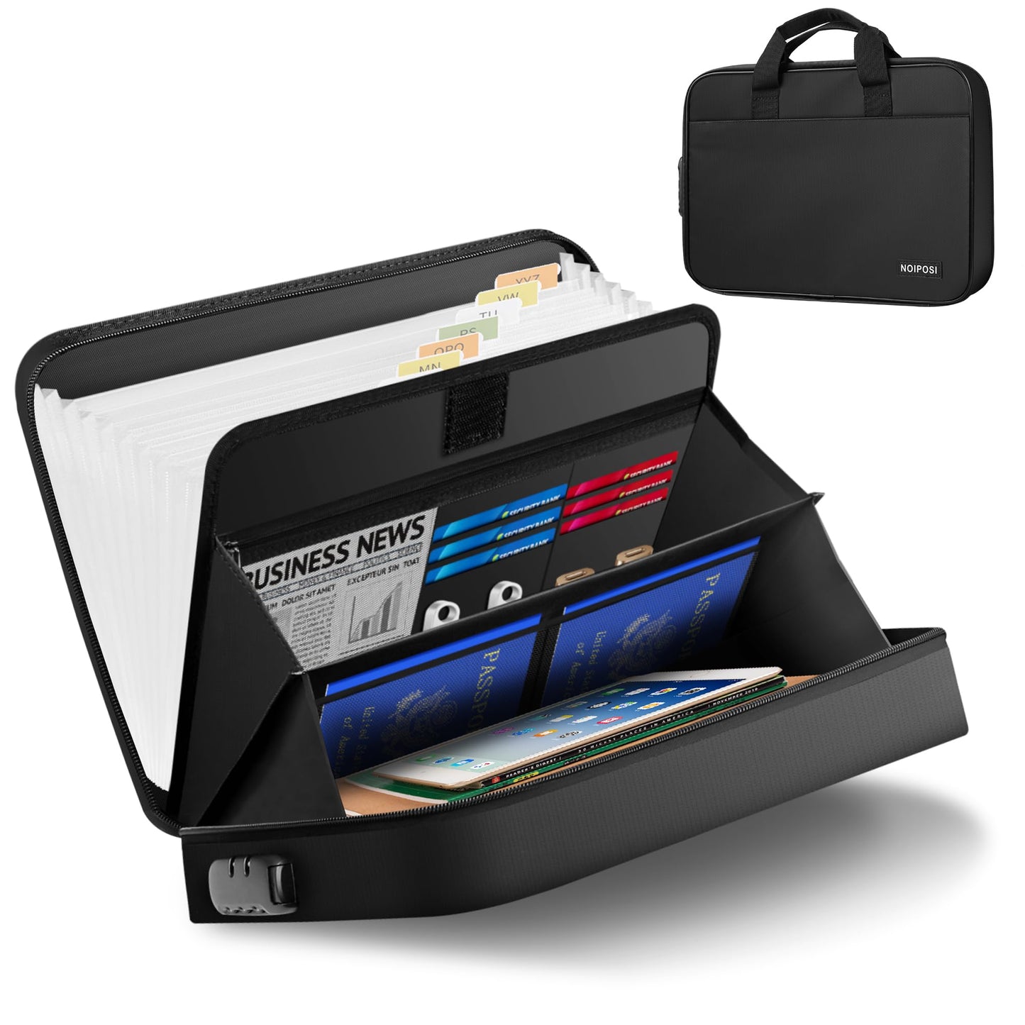 Noiposi Accordion Fille Organizer with Lock,Waterproof and Fireproof Document Folder with 13 Pocket,Fireproof Safe Document File Folder for Important Document,File Money and Passport