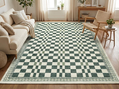 GarveeHome 5x7 Washable Rug for Living Room Contemporary Sage Green Geometric Floor Carpets Low Pile Non-Slip Nursery Room Carpet High Traffic Modern Abstract Checkered Area Rug for Bedroom