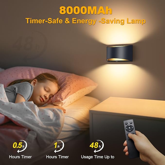 Battery Operated Wall Sconce with Remote Control,No Hardwired Aluminum Black Modern LED Wall Sconce Indoor,50W Equivalent Battery Wall Light,3000K-6500K Dimmable Wall Lamp