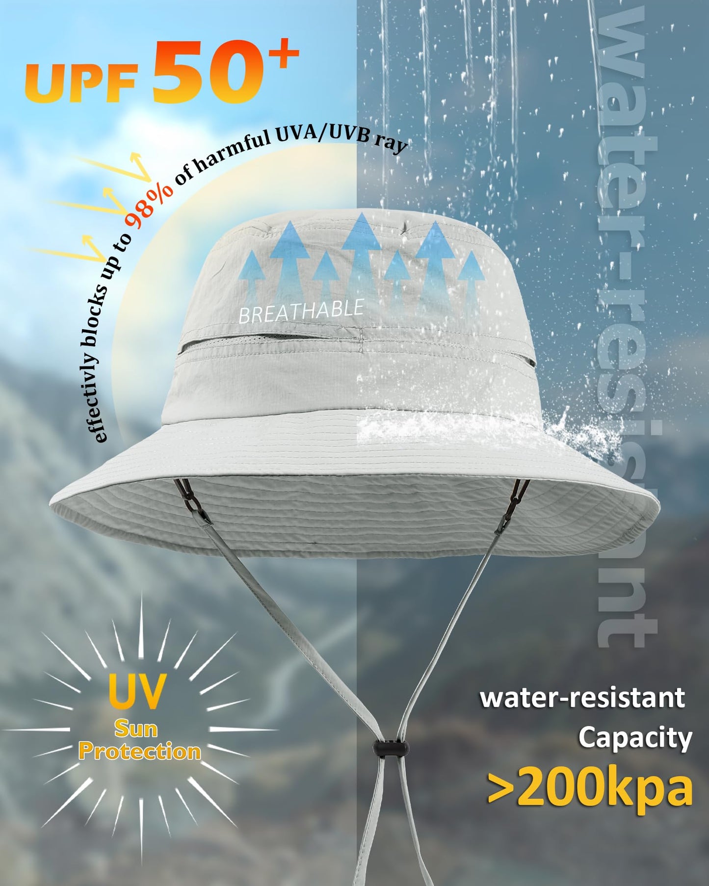 Womens Ponytail Sun Hat Packable UPF50+ Waterproof Bucket Hat Hiking Fishing Safari Hat Foldable Beach Hat