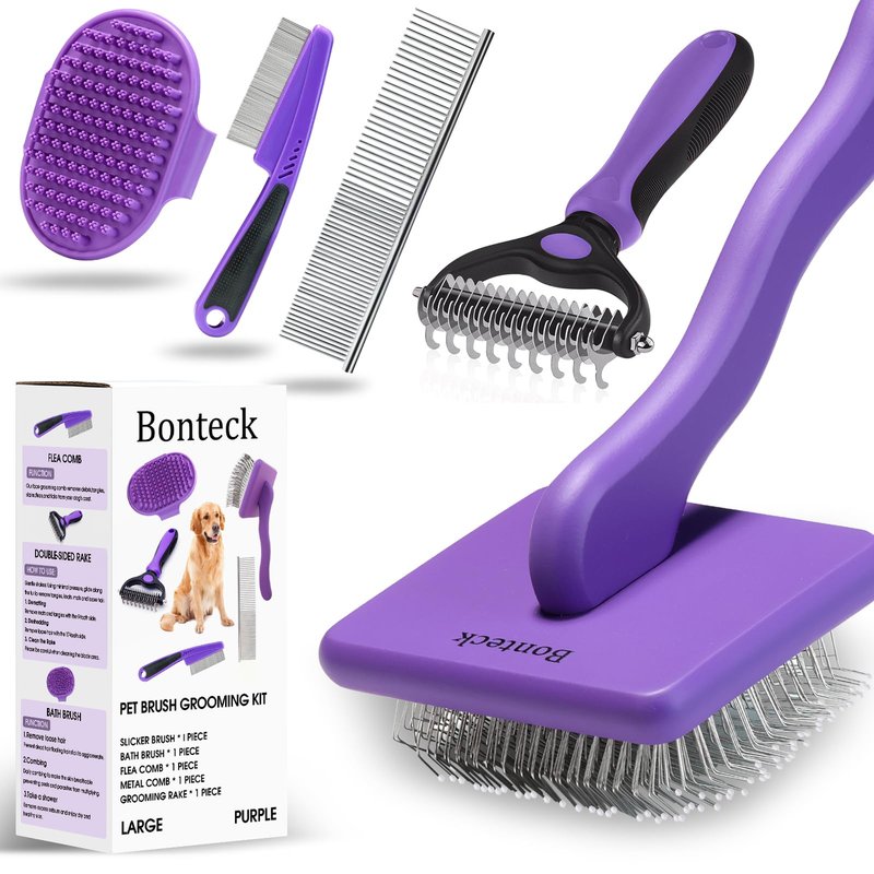 Bonteck Dog Slicker Brush for Dogs Grooming Kit 5PCS | Large Dog Brush for Goldendoodles Poodles Doodles | Long Pin Haired Brush | Poodle Brushes and Comb (Purple)