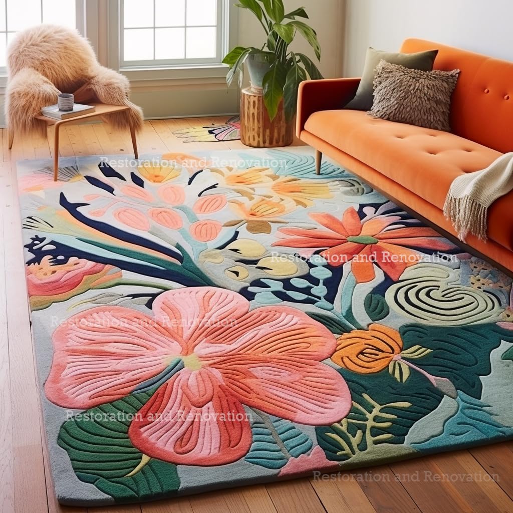 Restoration and Renovation Handmade Wool Floral Area Rug for Living Room | Elegant Flower Garden Design, Soft, Thick and Durable | Bedroom, Dining Room & Home Decor Carpet (5' x 8', Floral D)