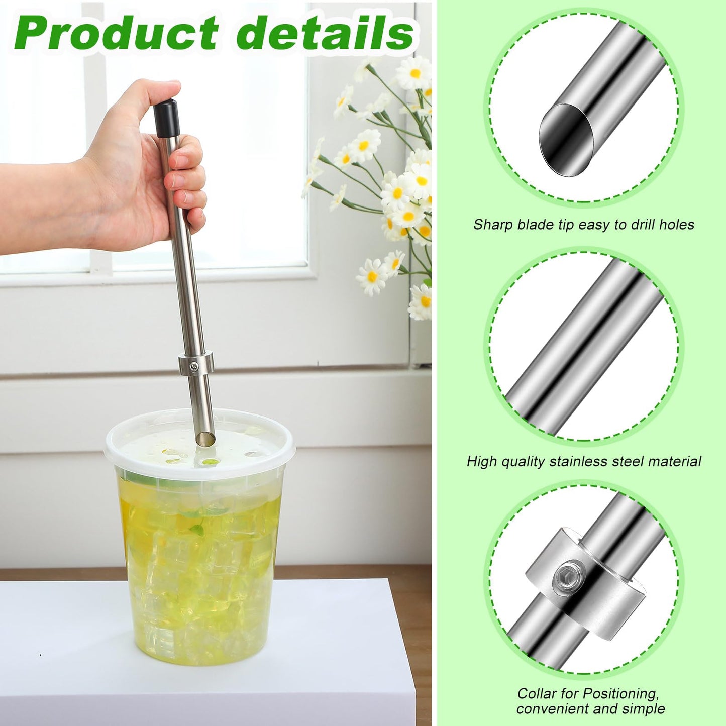 Lasnten 2 Pack Straw Puncher for Plastic Lids Lemonade Cups, Stainless Steel Straw Hole Puncher Punching Tools for Cafe Drinks Deli Container Squeezed Fresh Lemonade Stand Supplies(8.7 Inch,Black)