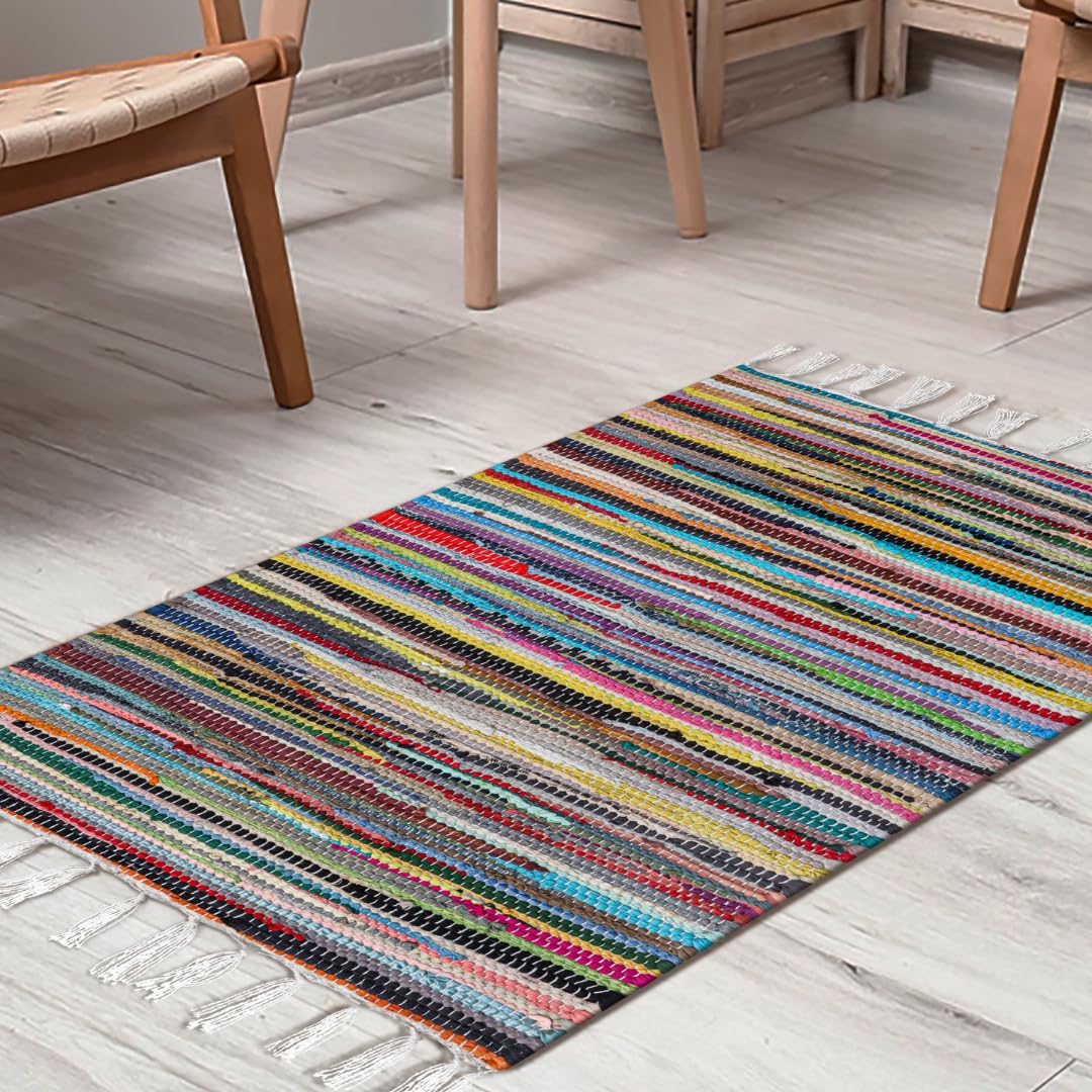 CottonCove Cotton Chindi Rug - Boho Rustic Area Accent Throw Rug - Area Floor Carpet for Bedroom Living Room Kitchen Dorm Entryway Hallway - 20x32 inch Hand Woven Reversible Area Rug Multi Color