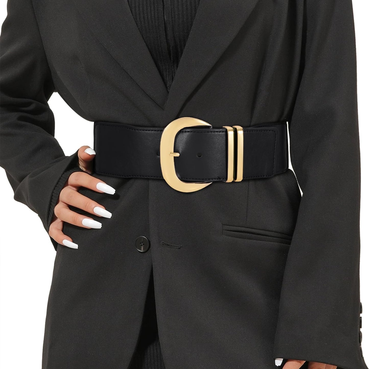 WHIPPY Women Wide Elastic Waist Belt for Dresses Fashion Gold Buckle Stretchy Leather Waistband for Ladies, Black, Fits Waist 24"-28"