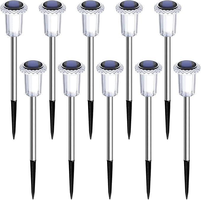 DenicMic Solar Lights Outdoor 10 Pack Waterproof 3000K Warm White LED Acrylic lamp Head Stainless Steel Stake for Landscape Lighting Path Walkway Sidewalk Backyard Patio Christmas Decor
