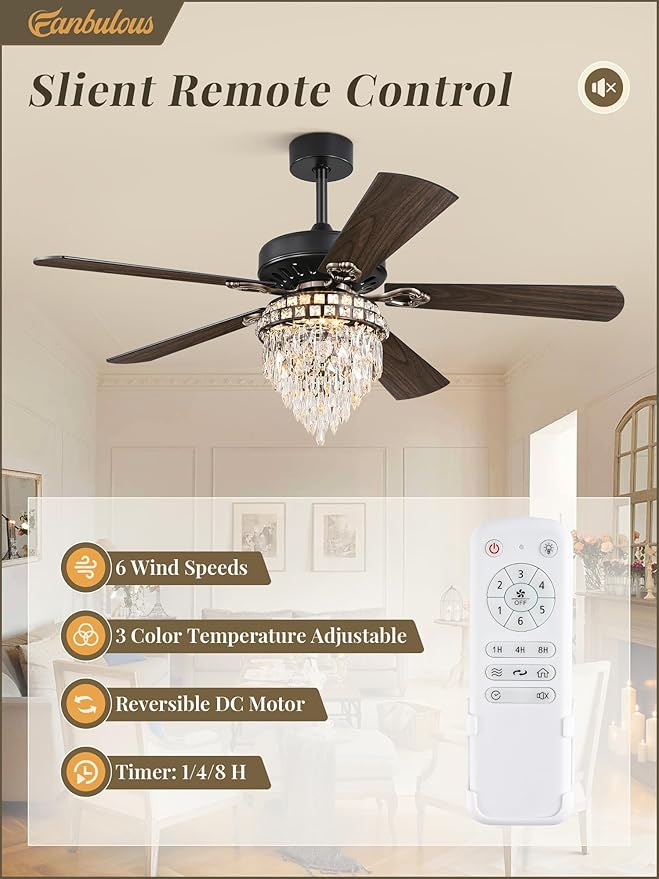 Fanbulous 60 Inch Farmhouse Fandelier Ceiling Fans with Light, Crystal Ceiling Fan Chandelier with 6 Speeds, Quiet Reversible Noiseless DC Motor, 3CCT, Indoor Ceiling Fan for Living Room Bedroom