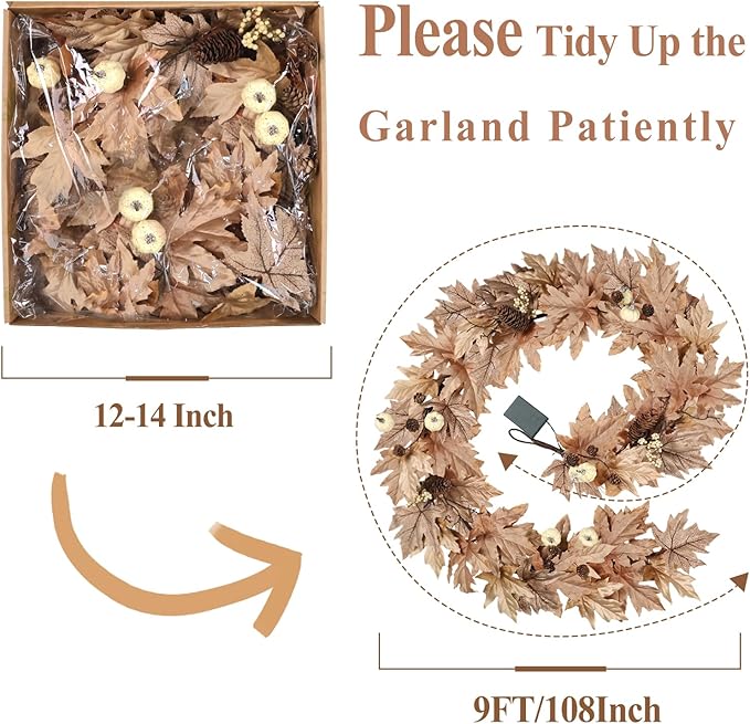 9 FT Fall Garland with Lights Timer Function Autumn Fall Leaves Garland with Berries Pine Cones Pumpkins Realistic Automatic ON/Off Timer Fall Decorations for Home Mantle Fireplace Porch Table