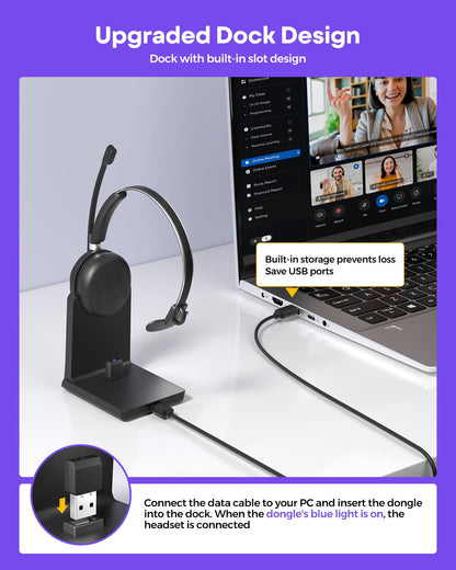 Wireless Headset with Mic for Work, Clear Sound ＆ Comfortable ＆ Stable Connection, Bluetooth Headphones with Microphone, Wireless Headset with Charging Base & USB Dongle for Office/Home/Call Center