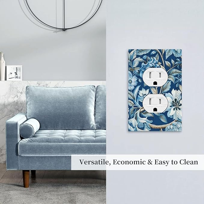 Blue Flowers Branches Leaves Floral Pattern Light Switch Cover 1 Gang Outlet Plate Single Duplex Wall Plate Covers Decorative Switchplate Covers Electrical Faceplate for Home Decor