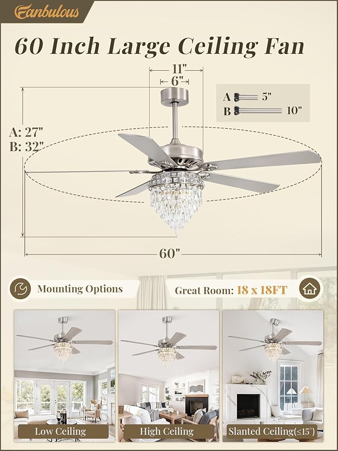 Fanbulous 60 Inch Modern Farmhouse Fandelier Ceiling Fans with Lights, Brushed Nickel Crystal Ceiling Fan Chandelier, 6 Speeds and Reversible, 3CCT, Indoor Ceiling Fan for Living Room Bedroom Kitchen