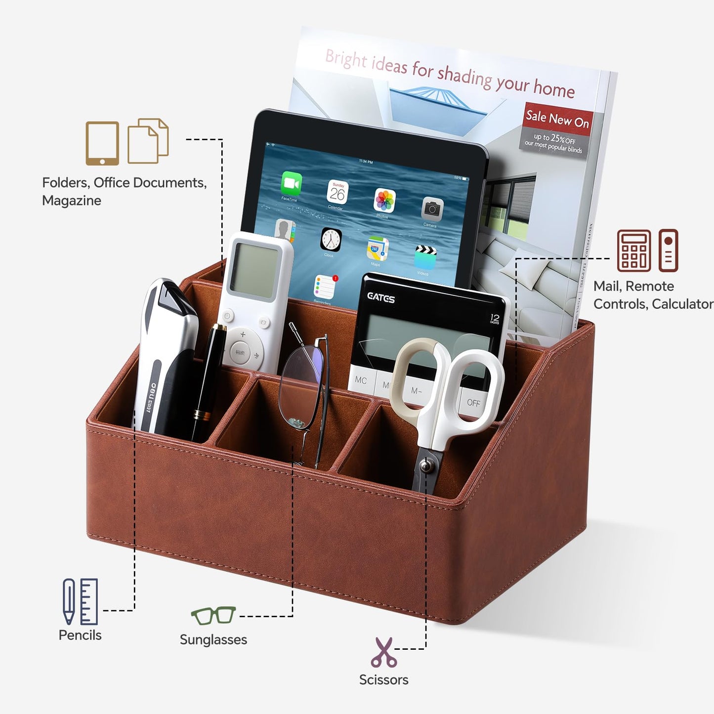 Cretkhp Desk Organizer Caddy with 5 Compartments for Office Art Supplies, PU Leather Nightstand Organizer Pencil Pen Desk Caddy for Home, Desktop TV Remote Control Holder Storage (Brown)