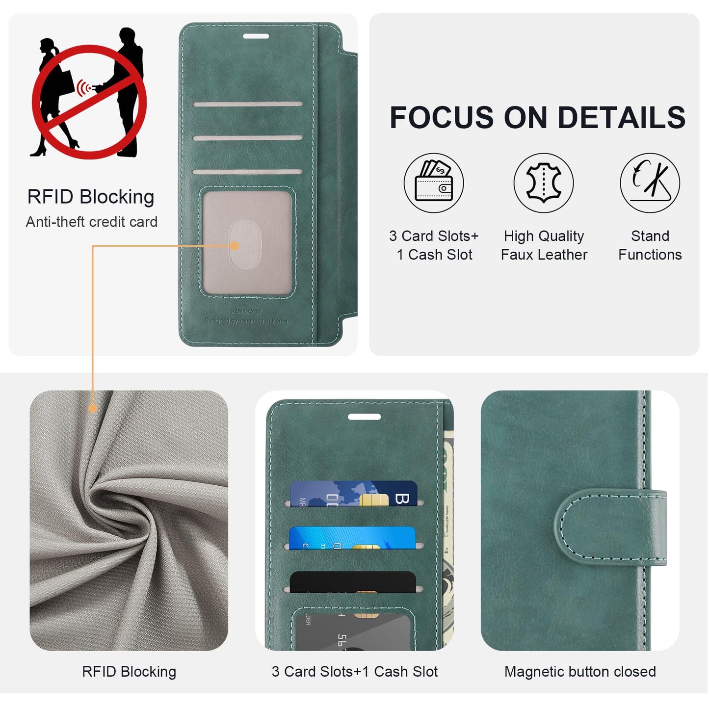 VANAVAGY Wallet Case for Galaxy S24 Ultra with RFID Blocking Card Holder, [Screen Protector & Camera Lens Protector] PU Leather Flip Case with Strap for Wireless Charging,Forest Green