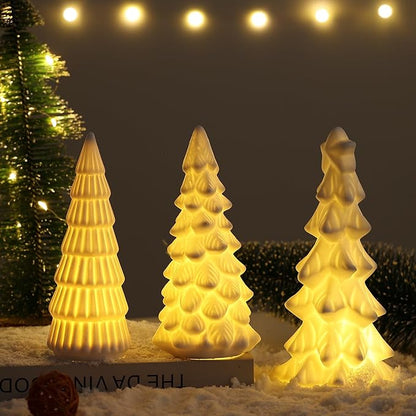 B SEPOR Light Up Ceramic Christmas Tree 3 Pack Small White Porcelain Trees with LED Xmas Figurines for Holiday Tabletop Decoration Mantel Shelf Fireplace for Home and Gift