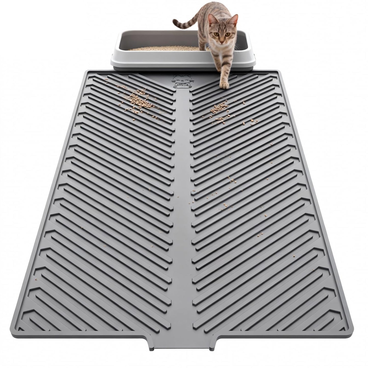 Barkitty Cat Litter Mat, Large 34" x 22" Litter Trapping Mat, Silicone Litter Mat for Litter Box, Waterproof Foldable & Easy Clean, Scatter Control, Soft on Paws, Gray
