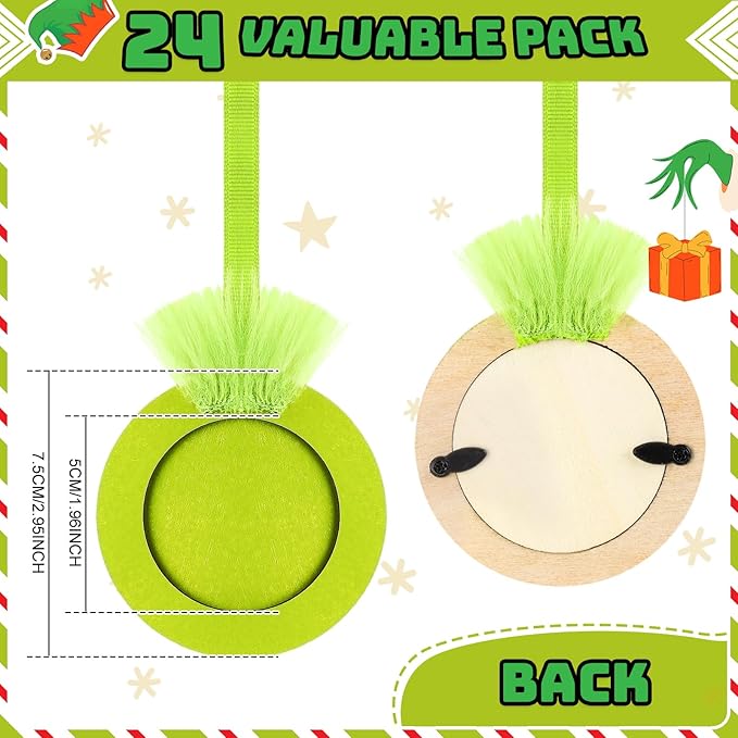 Blulu 24 Pack Lime Green Photo Frames Ornaments - Wooden Christmas Tree Decor for DIY Party Gifts