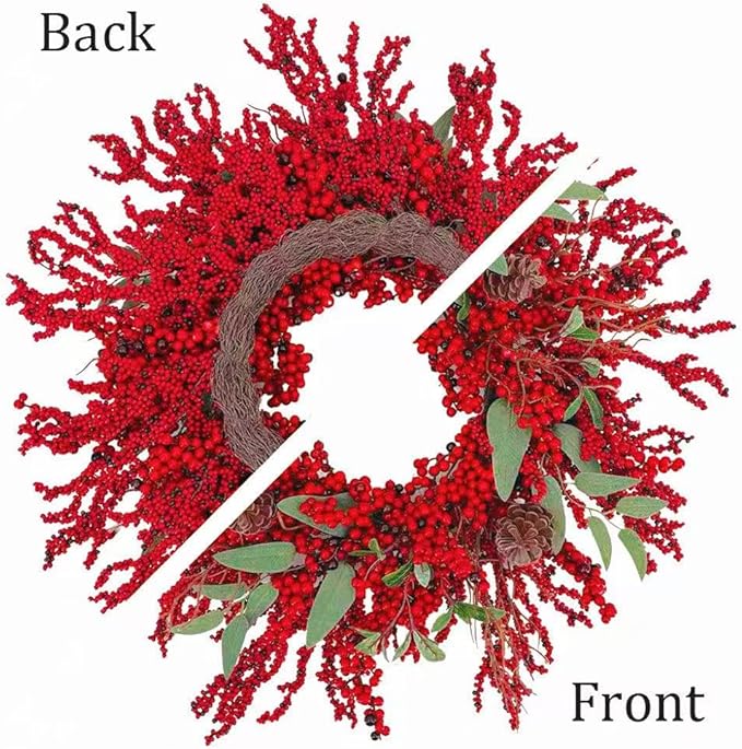 20 inch red Berry Christmas Wreath for Front Door，Used for Wall, Window, Porch, Farmhouse, Indoor and Outdoor Home Decoration