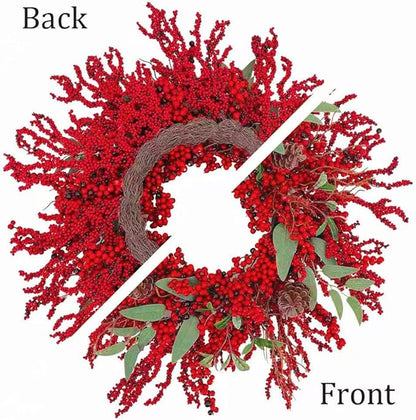 20 inch red Berry Christmas Wreath for Front Door，Used for Wall, Window, Porch, Farmhouse, Indoor and Outdoor Home Decoration