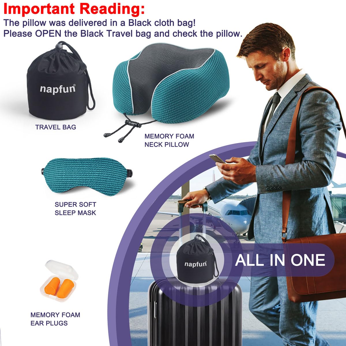 napfun Neck Pillow for Traveling, Upgraded Travel Neck Pillow for Airplane 100% Pure Memory Foam Travel Pillow for Flight Headrest Sleep, Portable Plane Accessories, Light Grey